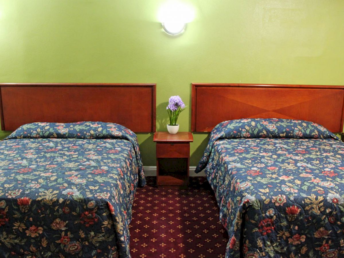 A hotel room with two beds, floral bedspreads, a nightstand with flowers, and a green wall with two wall lights.