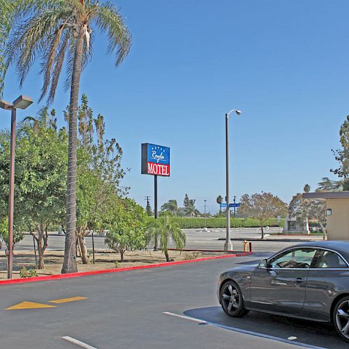 A parking lot with a black car, palm trees, and a sign for a motel in the background on a sunny day.