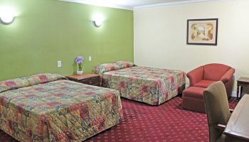 The image shows a hotel room with two beds, patterned bedspreads, a green wall, red carpet, a red chair, and a framed picture on the wall.