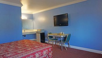 The image shows a small room with a bed, TV, table, chairs, mini-fridge, and sink with mirror against blue walls and a red carpet.